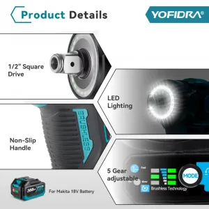 Akumulátorový rázový uťahovák OneVan / Yofidra 1/2" 1200Nm bezuhlíkový vhodný pre batérie Makita 18V. Výkonné led svetlo, šikovný razák do každej ruky