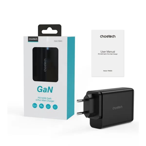 Choetech GaN sieťová nabíjačka 2x USB-C / 2x USB 140W, čierna (PD6005)