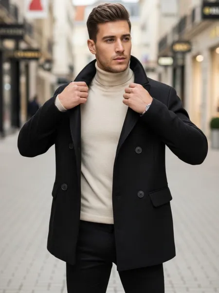 Moderný pánsky kabát bez kapucne čierny