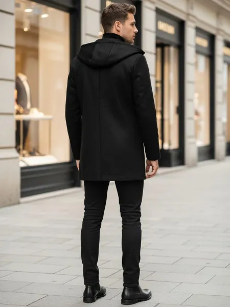 Trendy pánsky kabát s kapucňou čierny