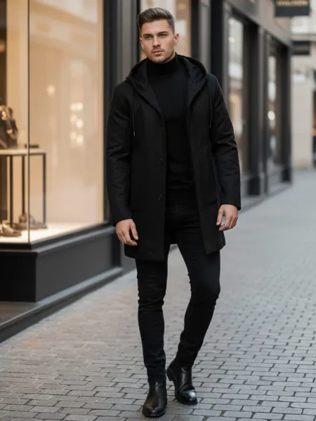 Trendy pánsky kabát s kapucňou čierny