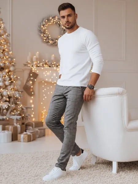 Štýlové nohavice károvaným vzorom -pre mužov- šedé