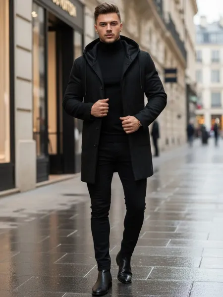 Trendy pánsky kabát s kapucňou čierny