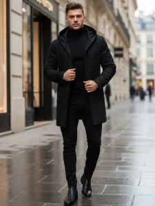Trendy pánsky kabát s kapucňou čierny