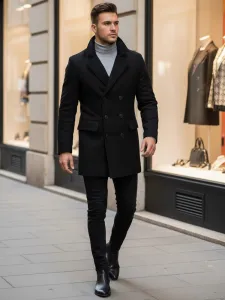 Elegantný čierny kabát s dvojradovým zapínaním pánsky