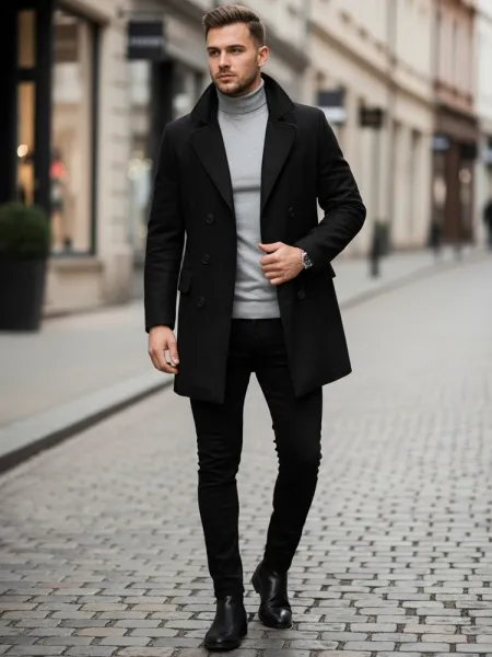 Elegantný čierny kabát s dvojradovým zapínaním pánsky
