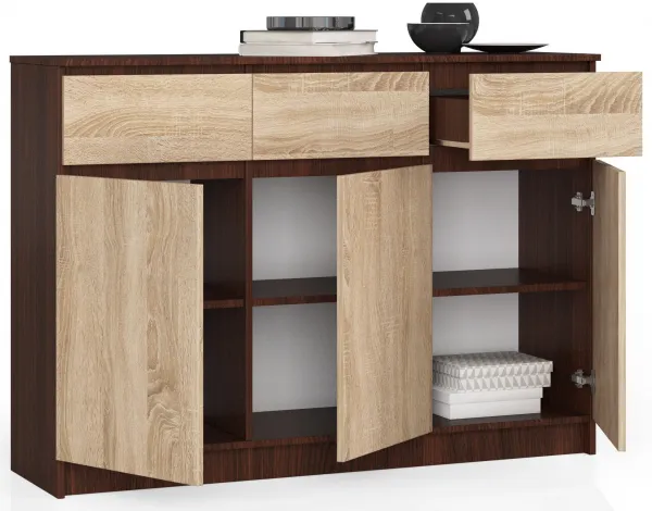 Ak furniture Komoda Karolína 140 cm 3 skrinky a 3 zásuvky wenge/sonoma