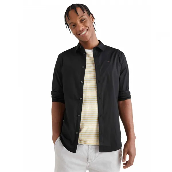 Košeľa Tommy Jeans pánska, čierna farba, slim, s klasickým golierom, DM0DM04405