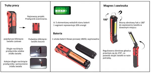 VERKE COB LED Dielenská lampa 360 lm + 140 lm, 2000 mAh