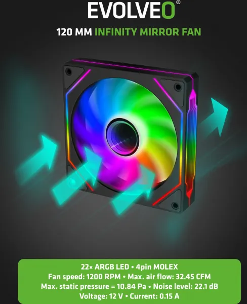 EVOLVEO 120UX-M, ventilátor, 120mm, 4pin molex, ARGB, master, černý