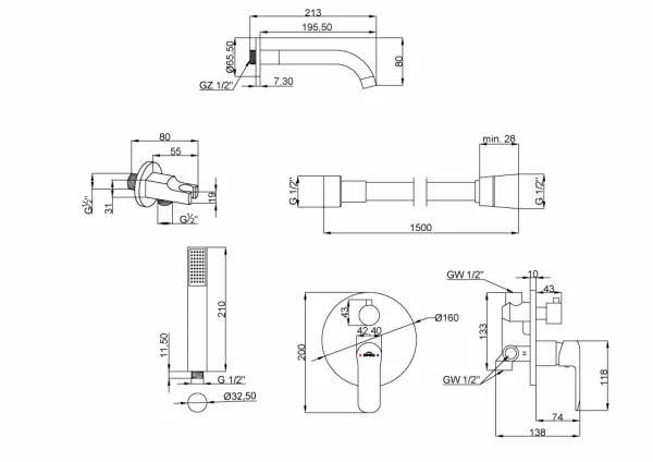 INVENA - Vaňová batéria, podomietková, 2-F, SIROS BS-90-W12-A