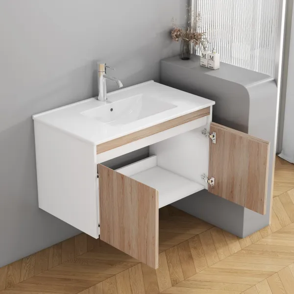 Závesná skrinka pod umývadlo Houseland Morvia 80 cm dub/biela