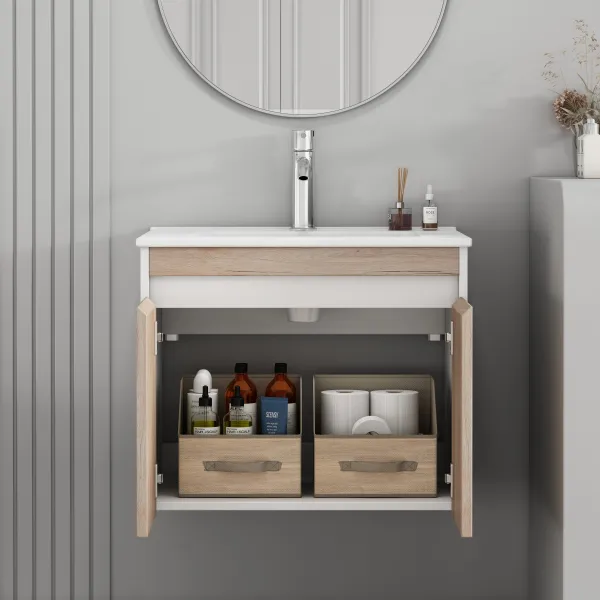 Závesná skrinka pod umývadlo Houseland Morvia 60 cm dub/biela