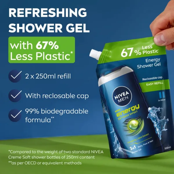 NIVEA MEN Energy sprchový gél pre mužov náhradná náplň 500 ml