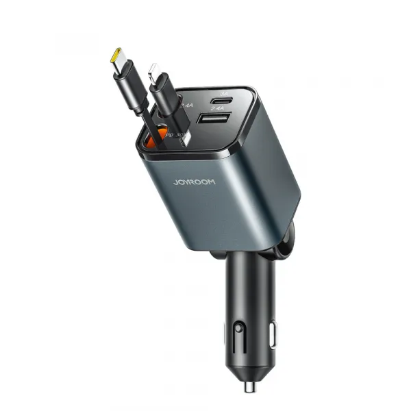 JOYROOM JR-CCL05 30W 4in1 Nabíjačka do auta so zabudovanými káblami USB-C / Lightning tmavošedá
