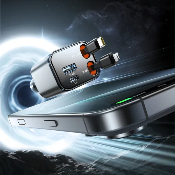 JOYROOM JR-CCL05 30W 4in1 Nabíjačka do auta so zabudovanými káblami USB-C / Lightning tmavošedá
