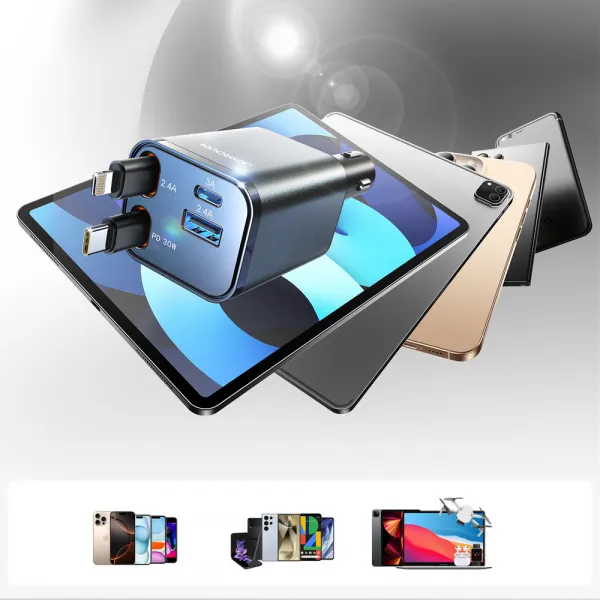 JOYROOM JR-CCL05 30W 4in1 Nabíjačka do auta so zabudovanými káblami USB-C / Lightning tmavošedá
