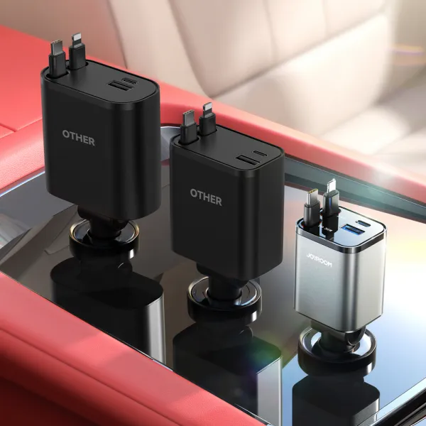 JOYROOM JR-CCL05 30W 4in1 Nabíjačka do auta so zabudovanými káblami USB-C / Lightning tmavošedá