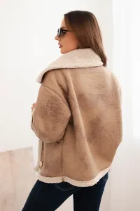 Legínovo Dámska bunda Plus Size zateplená s barančekom a gombíkmi krátky strih v kámeľovej farbe Farba: Bordová, Veľkosť: UNI