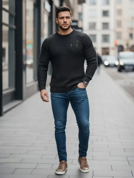 Pletený pánsky sveter s dierami - tmavošedý