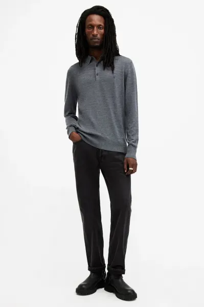 Vlnený sveter AllSaints MODE MERINO pánsky, tmavomodrá farba, tenký, M085KB