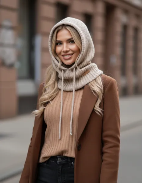 Lema Zimný dámsky kapucňový nákrčník 2v1 – módna balaclava (viac farieb) Farba: Ecru, Veľkosť: UNI