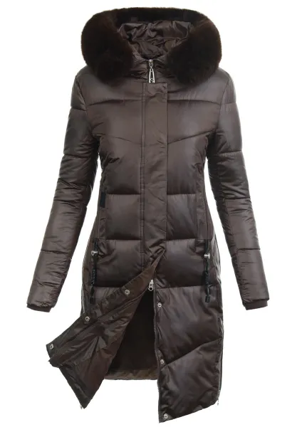 Factory Dámska zimná bunda hnedá s kožušinou – dlhá, elegantná a teplá – veľkosť 4XL Farba: Hnedá, Veľkosť: 4XL