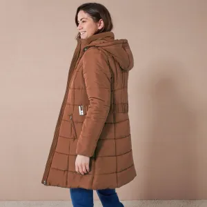Dlhá nepremokavá prešívaná bunda s opaskom, na zips