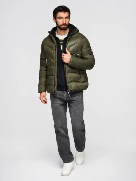 Ombre Men's quilted winter jacket with combined materials - dark olive green