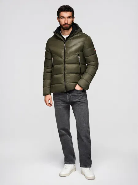 Ombre Men's quilted winter jacket with combined materials - dark olive green