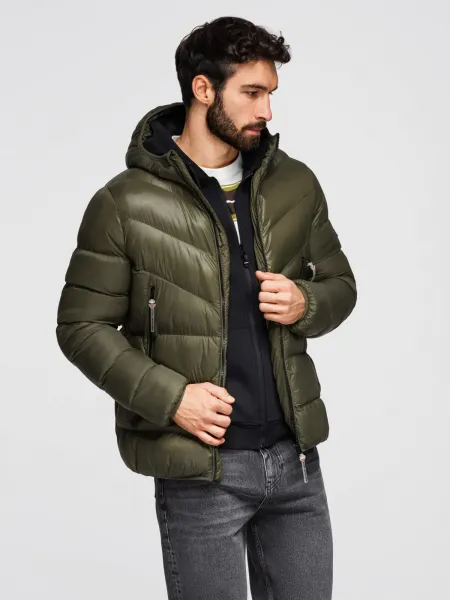 Ombre Men's quilted winter jacket with combined materials - dark olive green