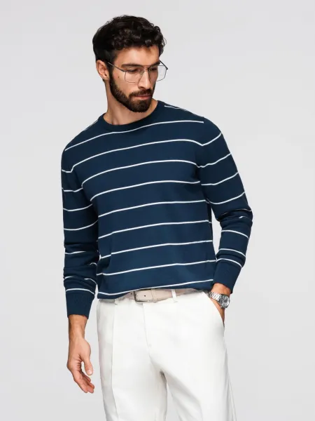 Ombre Casual men's sweater with horizontal stripes - navy blue