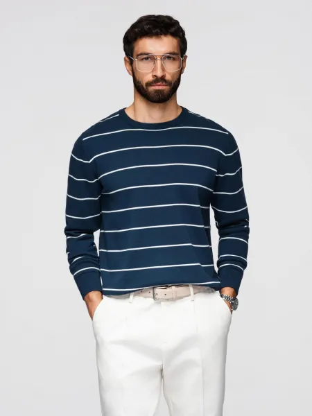 Ombre Casual men's sweater with horizontal stripes - navy blue