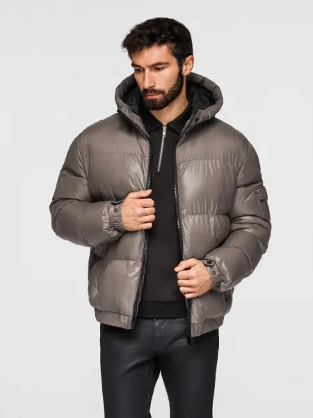 Ombre Warm men's puffer jacket with welts - dark beige