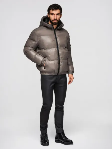 Ombre Warm men's puffer jacket with welts - dark beige