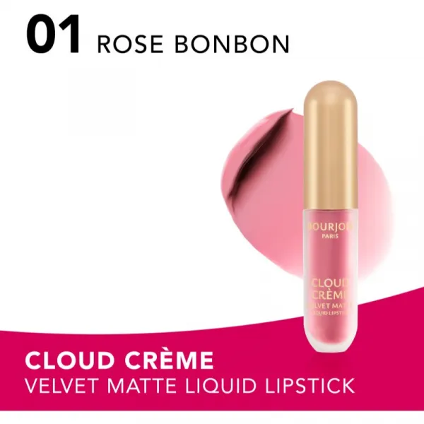 Bourjois Cloud Crème Velvet Matte ultra matujúci tekutý rúž odtieň 01 Rose Bonbon 3.1 ml