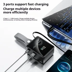 Powerbanka pre notebooky 65W PD s výsuvným USB-C káblom a digitálnym displejom, 20000 mAh, modrá