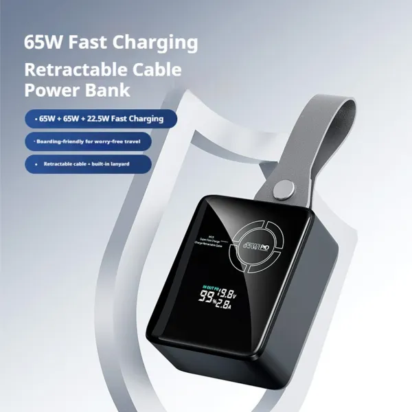 Powerbanka pre notebooky 65W PD s výsuvným USB-C káblom a digitálnym displejom, 20000 mAh, modrá