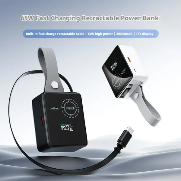Powerbanka pre notebooky 65W PD s výsuvným USB-C káblom a digitálnym displejom, 20000 mAh, modrá