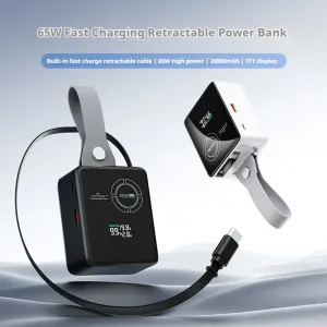 Powerbanka pre notebooky 65W PD s výsuvným USB-C káblom a digitálnym displejom, 20000 mAh, modrá