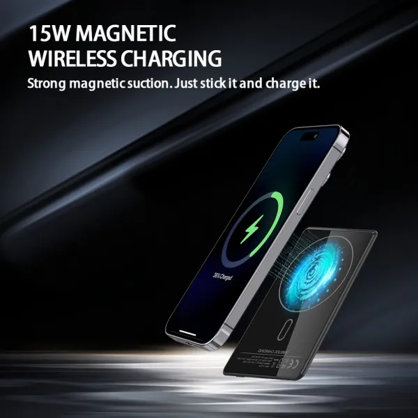 UltraThin MagSafe 15W Bezdrôtová powerbanka 5000 mAh s LED displejom a podporou nabíjania Apple Watch, strieborná