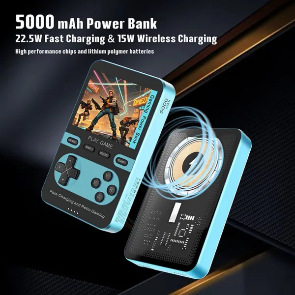 2v1 Herná retro konzola s MagSafe powerbankou, 5000 mAh, 15W bezdrôtovým nabíjaním, modrá