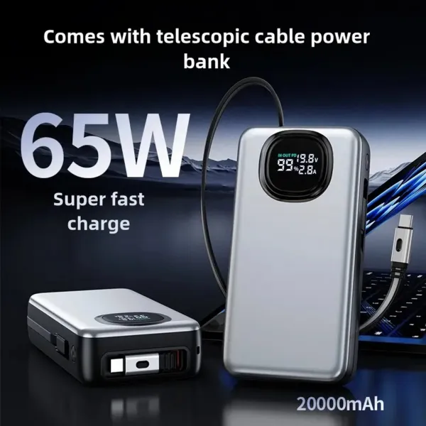 Powerbanka 20 000 mAh pre notebooky s PD 65W, zabudovaným výsuvným USB-C a Lightning káblom, šedá