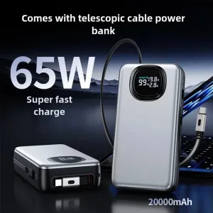 Powerbanka 20 000 mAh pre notebooky s PD 65W, zabudovaným výsuvným USB-C a Lightning káblom, šedá