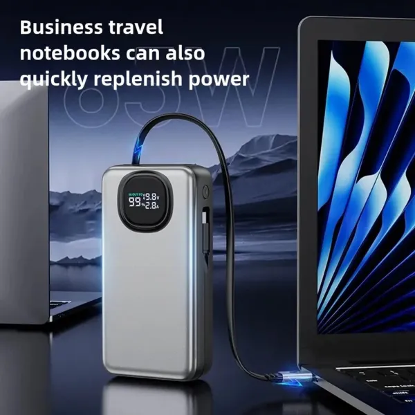 Powerbanka 20 000 mAh pre notebooky s PD 65W, zabudovaným výsuvným USB-C a Lightning káblom, šedá