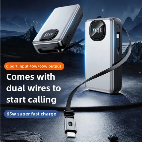 Powerbanka 20 000 mAh pre notebooky s PD 65W, zabudovaným výsuvným USB-C a Lightning káblom, šedá