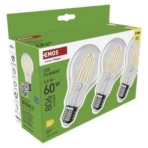 Emos LED žiarovka Filament A60, E27, 5,9W (60W), 806lm, 2700K, 3 ks