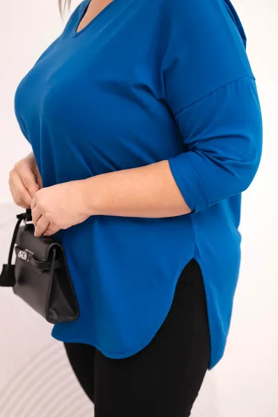 Kesi Dámska bavlnená blúzka Plus Size s V výstrihom a podhnutým rukávom chabrová