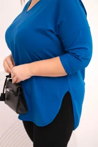 Kesi Dámska bavlnená blúzka Plus Size s V výstrihom a podhnutým rukávom chabrová