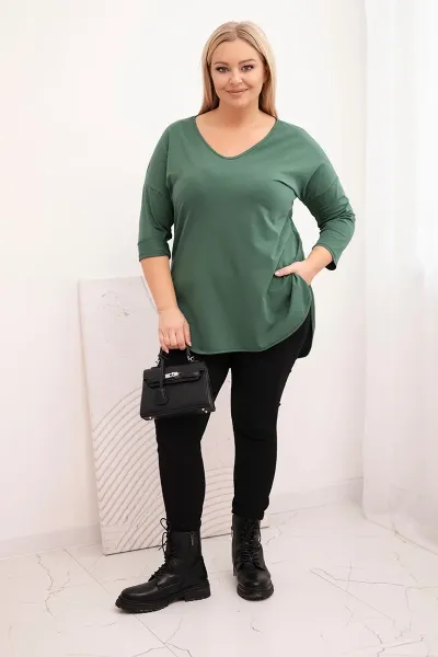 Kesi Dámska bavlnená blúzka Plus Size s V-výstrihom a podhodenými rukávmi tmavozelená khaki